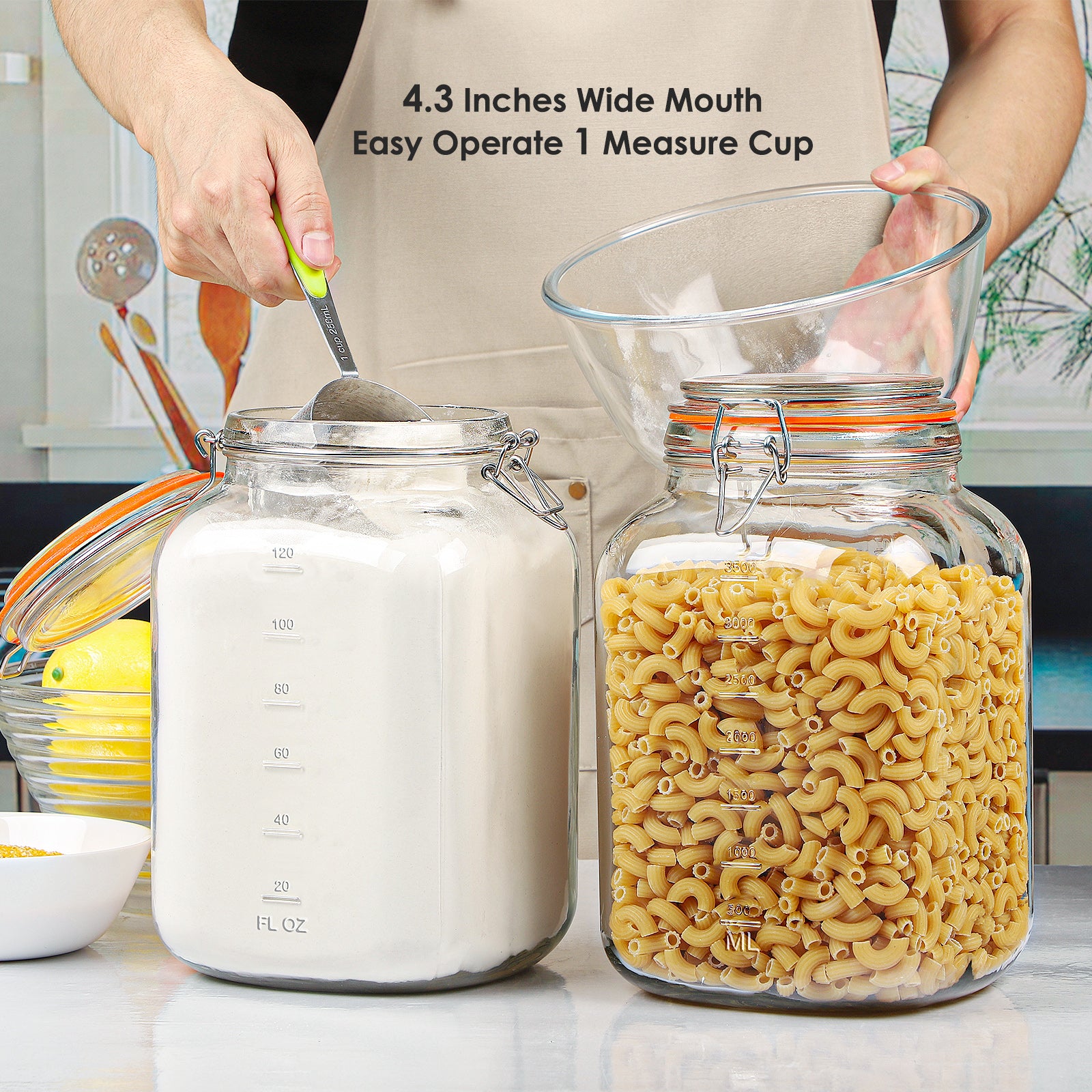 2 Pcs 1.1 Gallon Square Super Wide Mouth Glass Jar with Airtight Lids, Scale Line