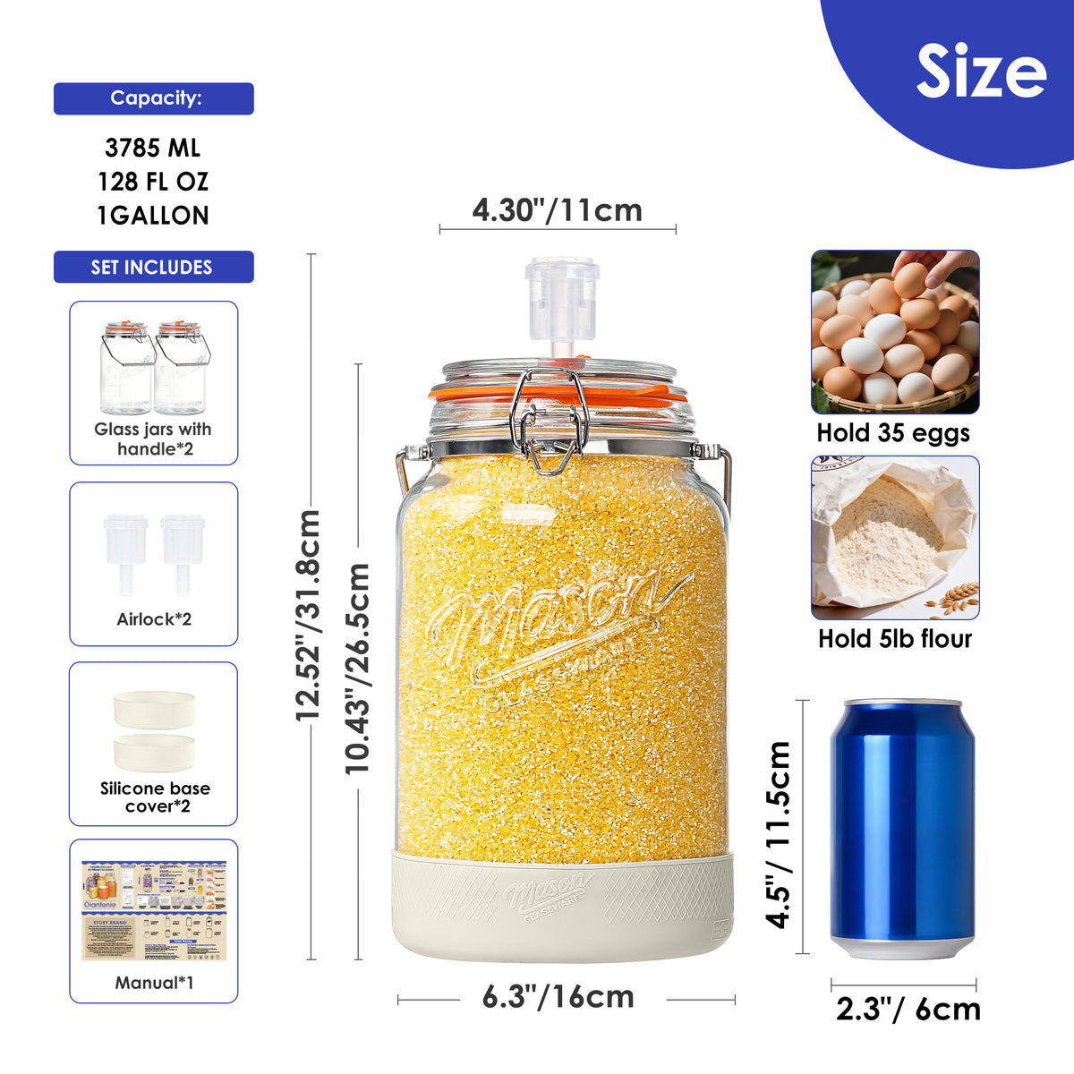 Qianfenie Upgrade 2 Pc 1 Gallon Fermentation Jars with Airlocks & Silicone Cover