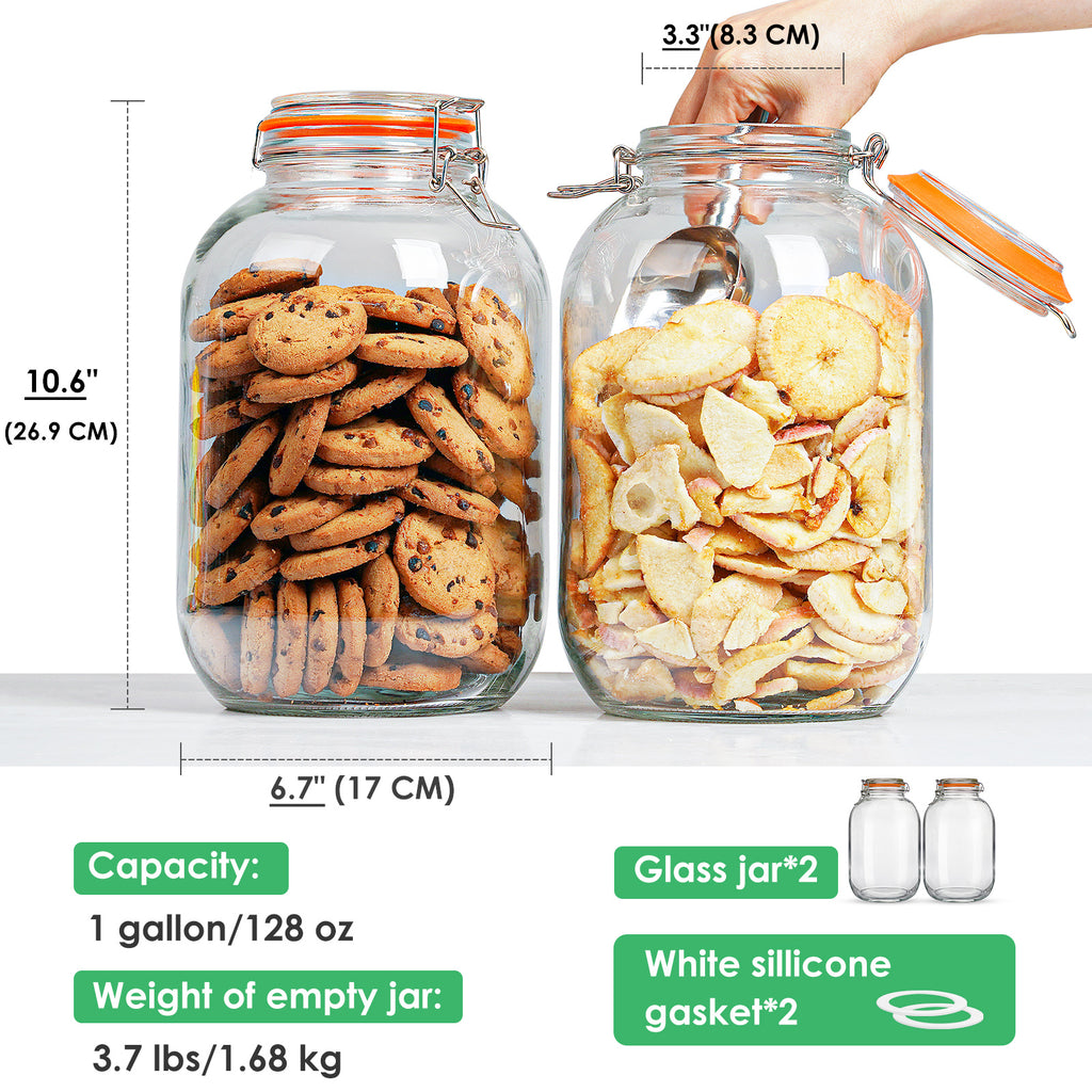 2 Pcs 1 Gallon Round Mouth Glass Jars with Airtight Hinged Lids