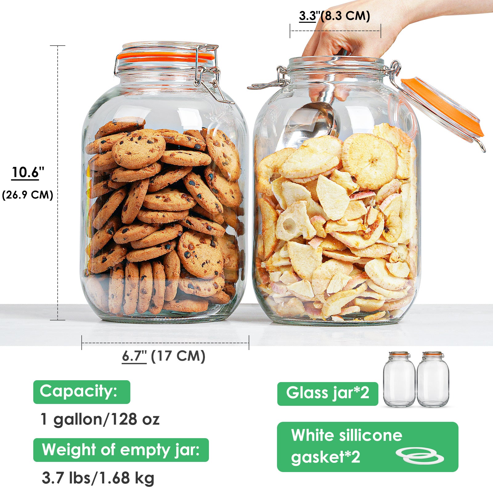 2 Pcs 1 Gallon Round Mouth Glass Jars with Airtight Hinged Lids