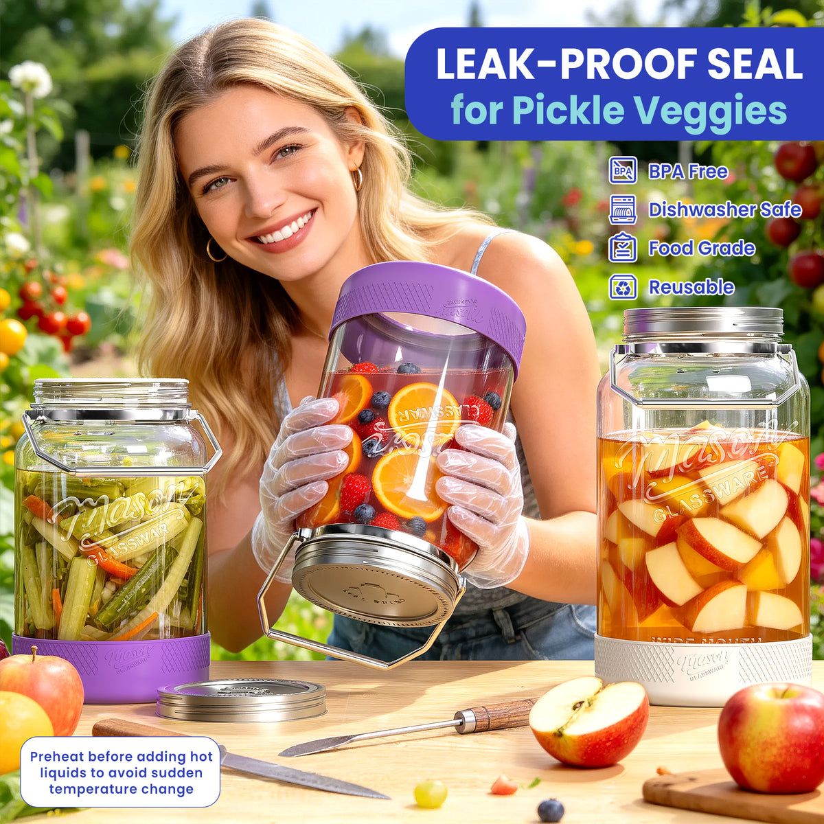 Qianfenie 2 Pc 1 Gallon Storage Glass Jar with Airtight Metal Lid, Removable Handle & Silicone Sleeve