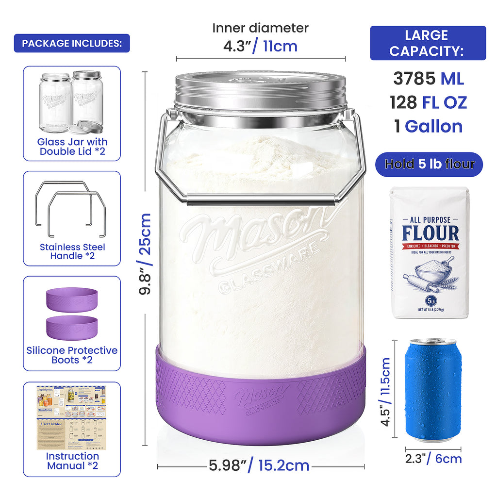 Qianfenie 2 Pc 1 Gallon Storage Glass Jar with Airtight Metal Lid, Removable Handle & Silicone Sleeve