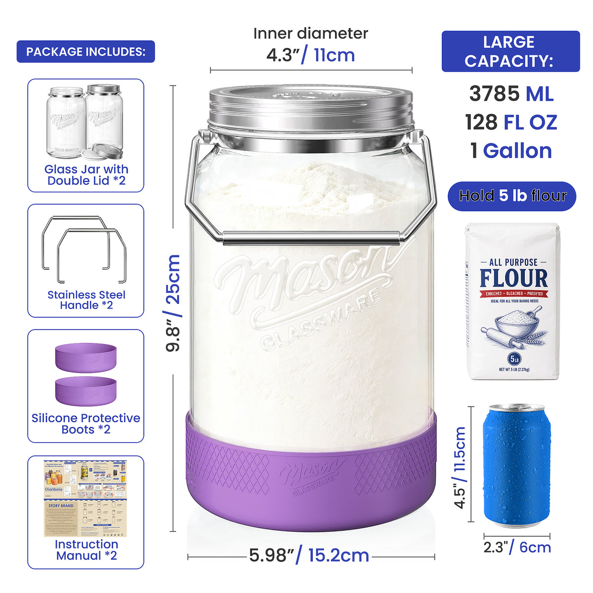 Qianfenie 2 Pc 1 Gallon Storage Glass Jar with Airtight Metal Lid, Removable Handle & Silicone Sleeve