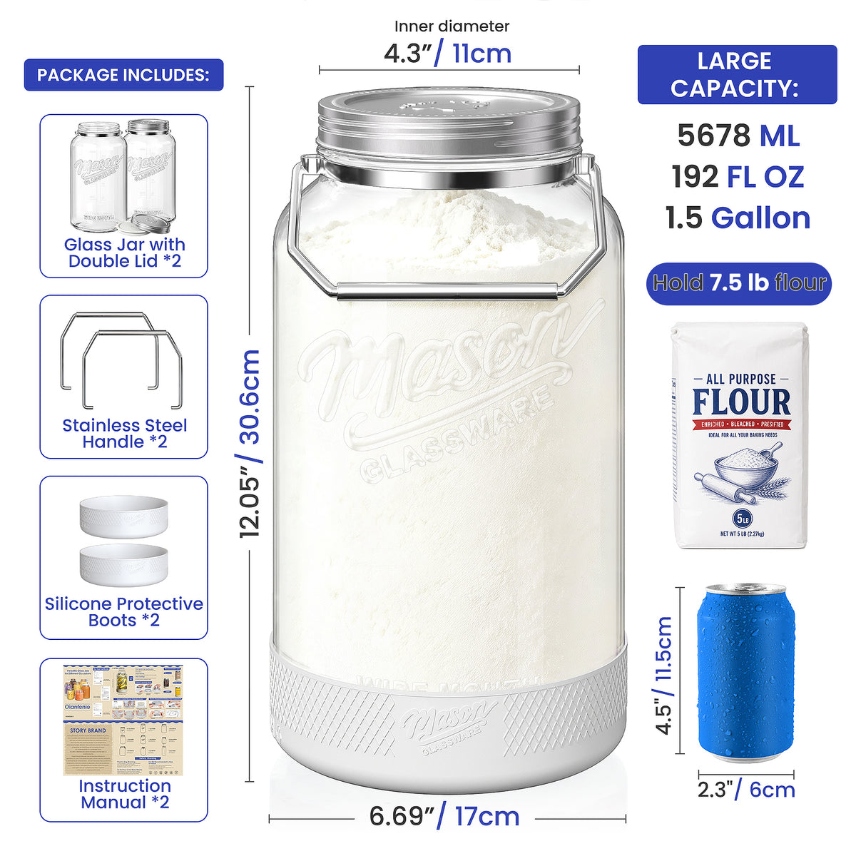 Qianfenie 1.5 Gallon Glass Jars with Airtight Lids, Wide Mouth Mason Jar