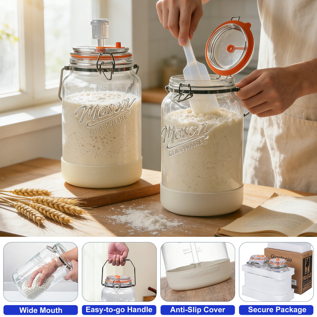 Qianfenie Upgrade 2 Pc 1 Gallon Fermentation Jars with Airlocks & Silicone Cover