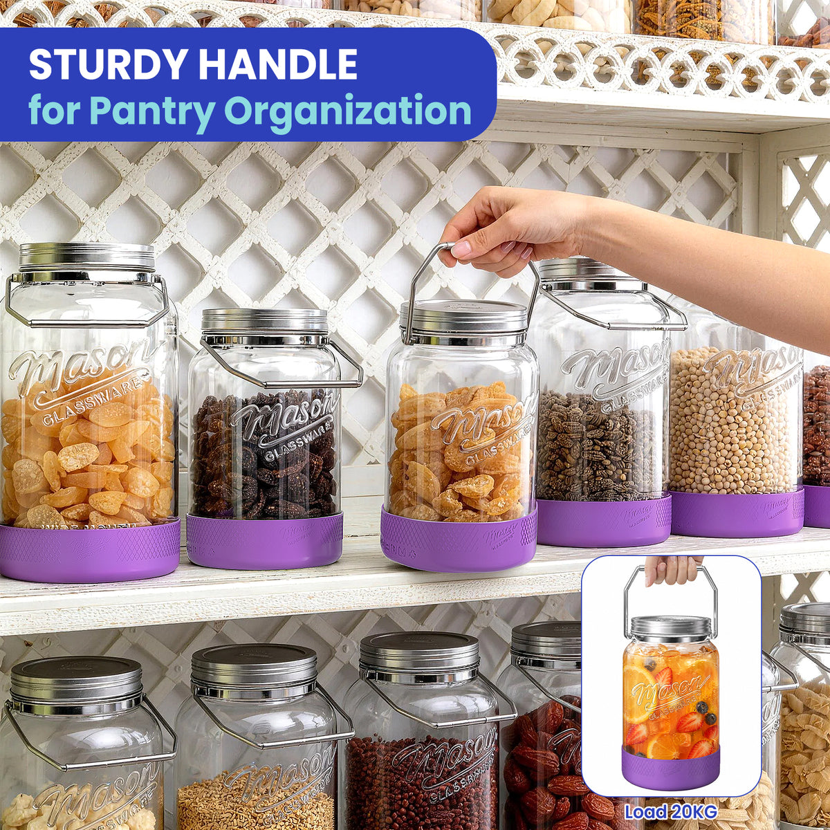Qianfenie 2 Pc 1 Gallon Storage Glass Jar with Airtight Metal Lid, Removable Handle & Silicone Sleeve