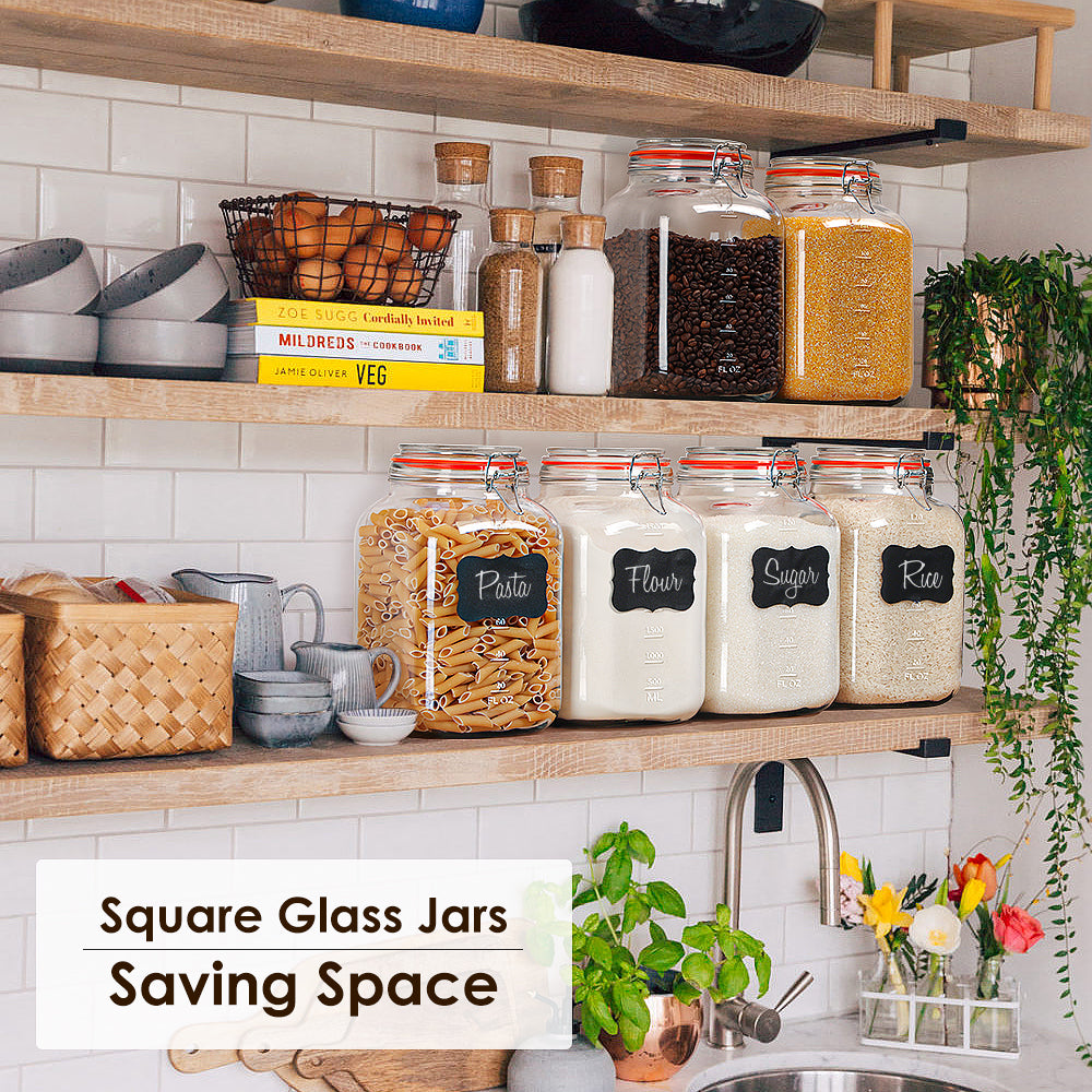 2 Pcs 1.1 Gallon Square Super Wide Mouth Glass Jar with Airtight Lids, Scale Line