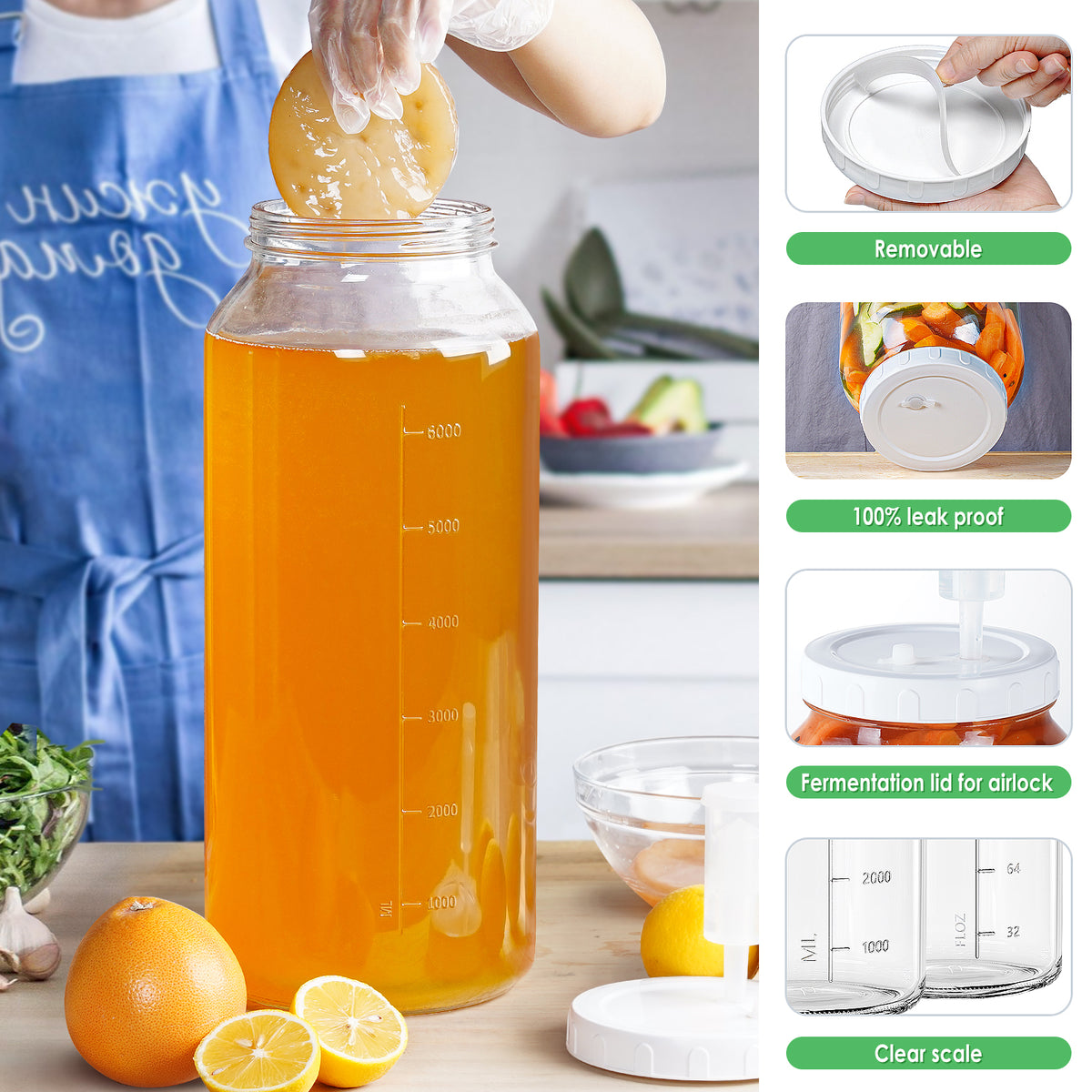 Qianfenie 1 Pc 2 Gallon Super Large Fermentation Jar with 2 Airlocks & Airtight Lid