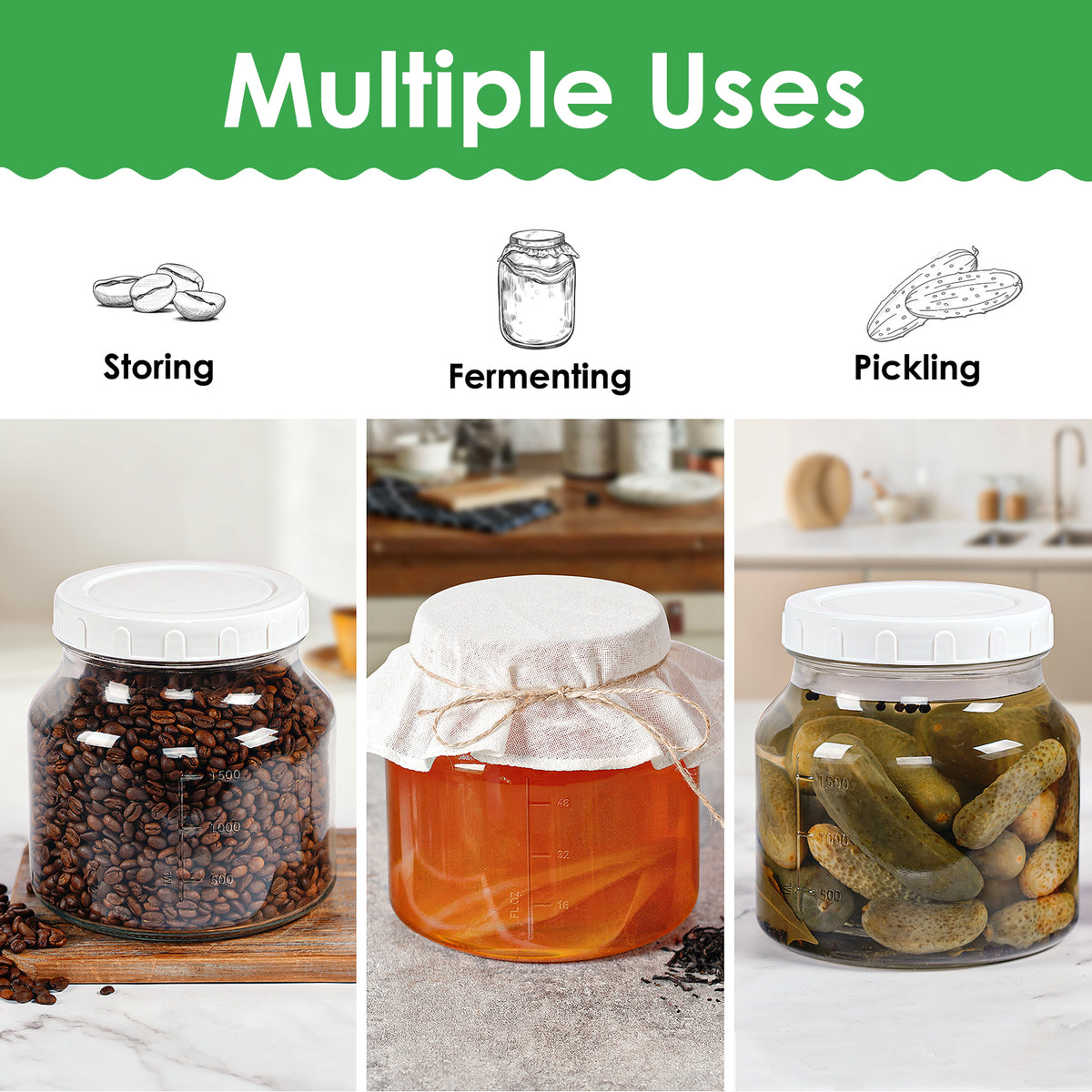 Qianfenie 79 oz Glass Jars with Lids, 2 Pack Wide Mouth Half Gallon Mason Jars